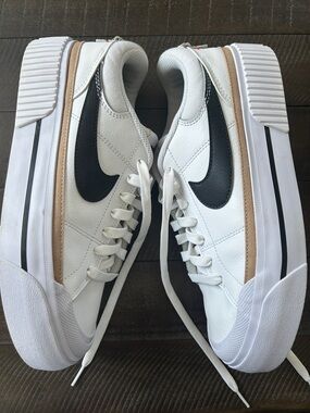 Nike Court Legacy Lift Platform Sneakers with Black Swoosh and Tan Stripe